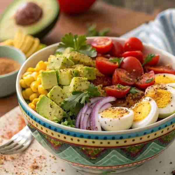 Avocado Egg Bowl 🥑🥚🌽 Add diced avocado & cherry tomatoes 🥑🍅 Toss in corn, red onion & greens 🌽...