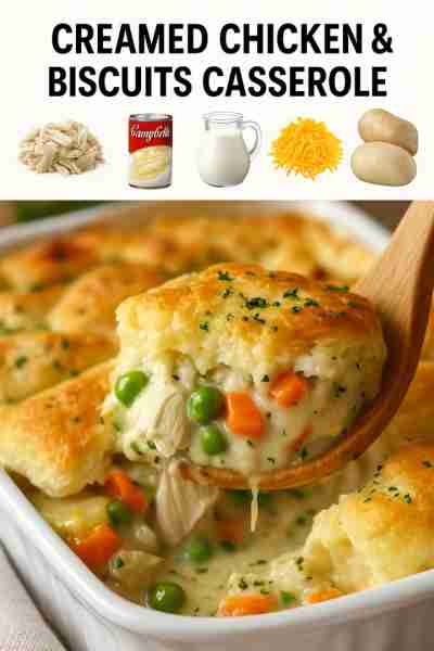Creamed Chicken and Biscuits Casserole Ingredients 1 1/2 tsp butter 1 small onion, chopped 2 pounds...