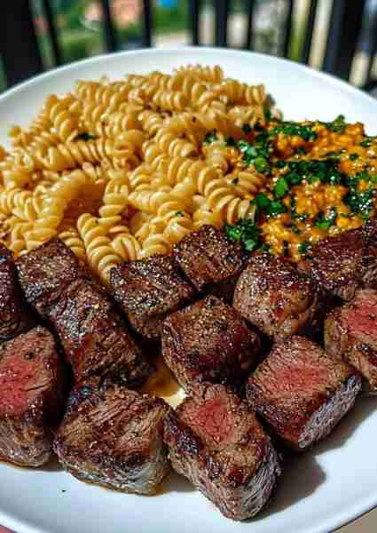###🥩 Garlic Butter Steak Bites & Smoky Chipotle Cream Cheese Pasta is pure rich, smoky, and savory...