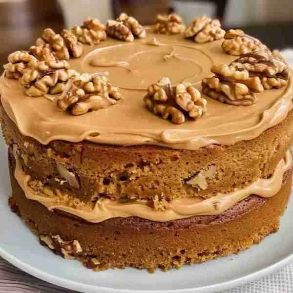 Coffee & Walnut Cake Ingredients: For the sponge: - 50g walnut pieces - 225g caster sugar - 225g un...
