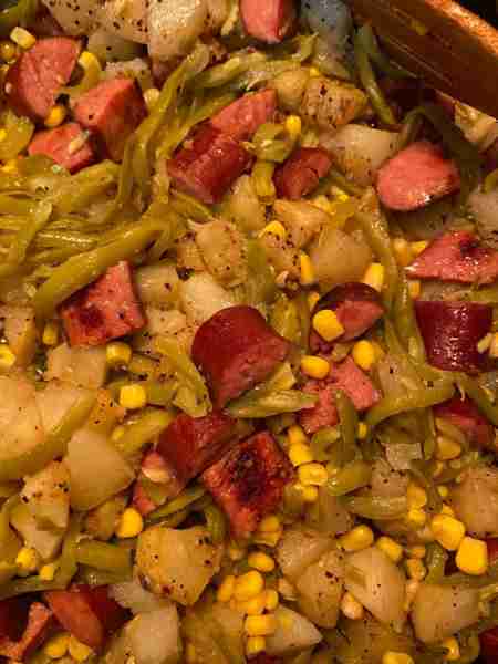 One of my favorite dinners. Super easy and pretty cheap. Smoked sausage or kielbasa 2 potatoes, cube...