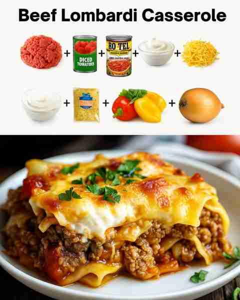 Beef Lombardi Casserole Ingredients 1 lb ground beef 1 can diced tomatoes 1 can Rotel diced tomatoes...