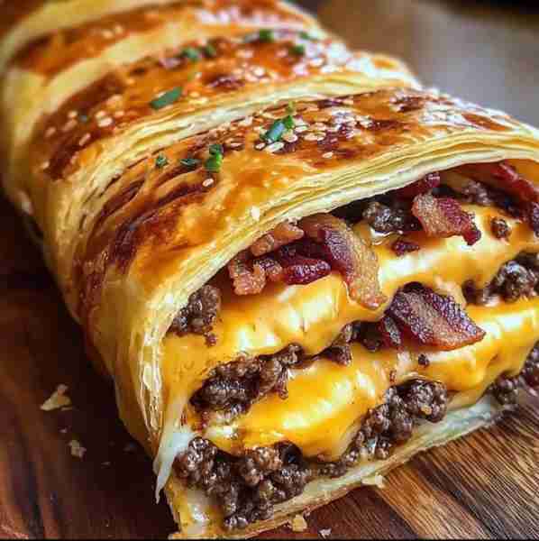 Garlic Butter Bacon Cheeseburger Rollups Ingredients: • 1 lb ground beef • ½ cup cooked bacon, crumb...