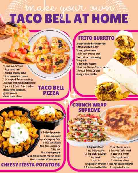 Taco Bell Pizza: ⅓ cup avocado oil 1 lb ground beef 1½ cups chunky salsa 16 oz can refried beans 1.2...