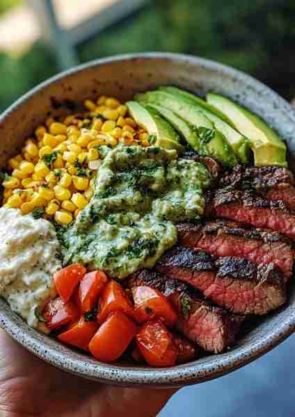 🥩🥑🌽 Steak, Avocado & Roasted Corn Bowl with Cilantro Cream Sauce—a vibrant and satisfying bowl pa...