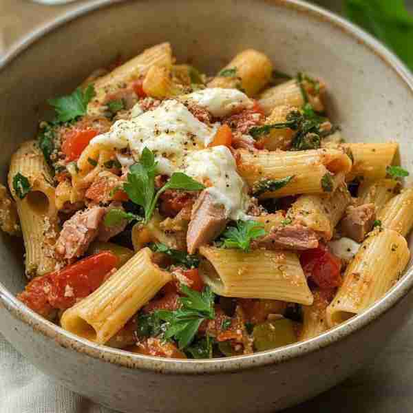 Tuna Rigatoni with Spinach, Peppers & Melty Cheese Ingredients: 12 oz (340 g) rigatoni pasta 2 tbsp...