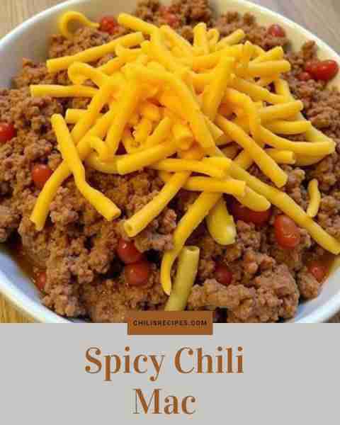 Spicy Chili Mac Ingredients: Ground beef, macaroni, chili powder, tomatoes, cheddar Method: Cook bee...