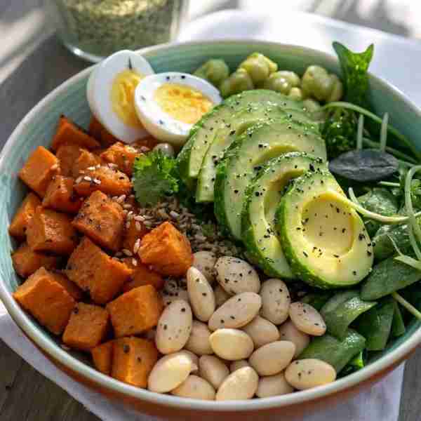 Avocado Sweet Potato Power Bowl 🥑🍠🥚🥬 Ingredients: 1 avocado, sliced 🥑 1/2 cup roasted sweet pot...