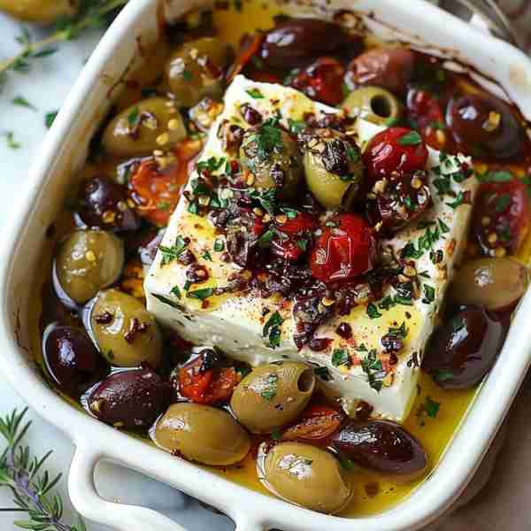 Baked Feta and Olives A simple, flavorful appetizer with creamy feta, briny olives, and aromatic her...