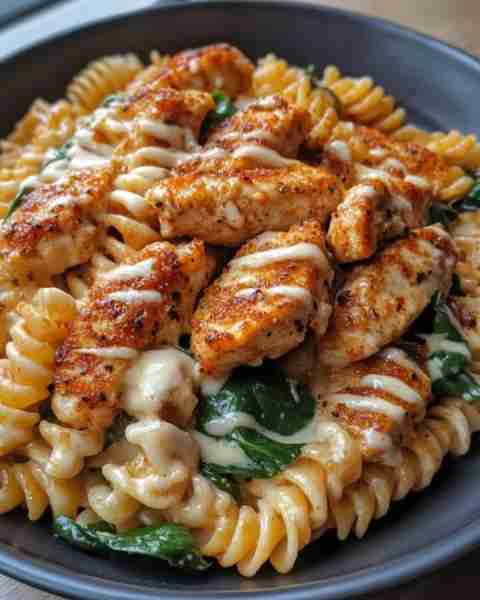 Cheesy Cajun Garlic Chicken with Spinach Alfredo Fusilli Ingredients: 2 boneless, skinless chicken b...