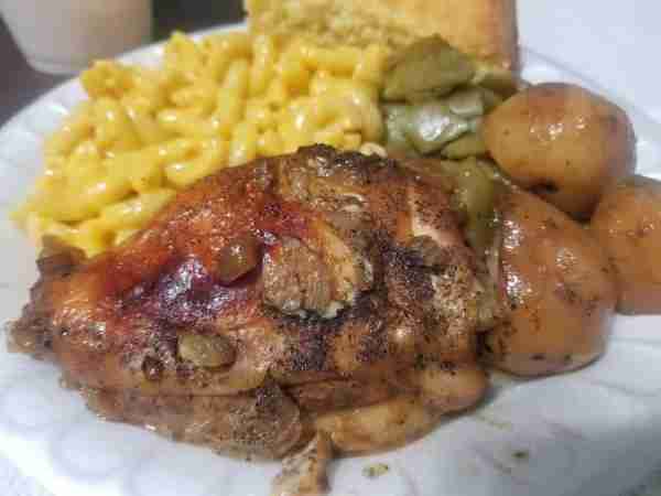 Baked Butter Chicken and Potatoes, Italian green beans, macaroni and cheese, cast iron skillet cornb...