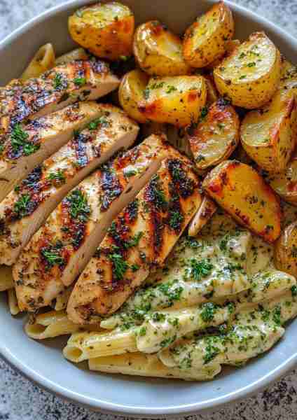 🇬🇷🧄🐔 Greek Garlic Chicken Alfredo Bowl with Spicy Hot Honey Tahini Pesto and Crispy Garlic-Roasted...