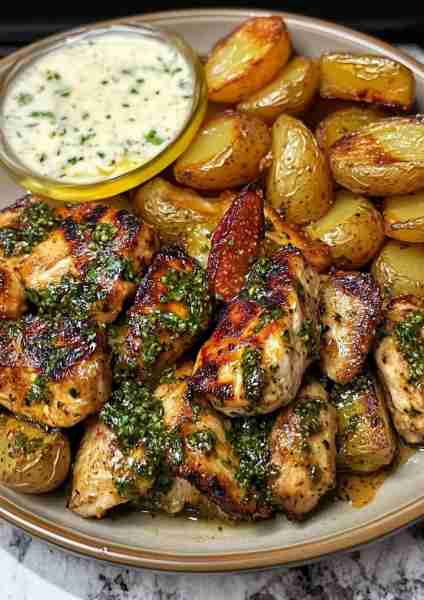 Greek Chicken Alfredo & Potatoes with Hot Honey Fig Pesto • Grilled chicken bites in lemon-herb mari...