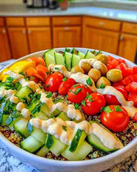 Nourishing Vegan Mediterranean Power Bowl for a Satisfying Meal 🌿😋 Ingredients: For the Bowl: 1 cu...