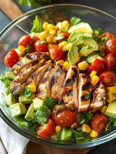 Grilled Chicken Avocado Salad 🌿 A fresh, protein-packed salad that's bursting with flavor! 📝 Ingre...