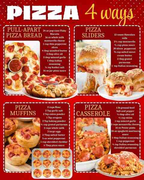 PIZZA 4 WAYS! Pull Apart Pizza Bread: 24 oz pop-cans Flaky Biscuits 16 oz whole milk mozzarella chee...