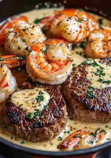Creamy Garlic Butter Steak & Shrimp Skillet The ultimate surf & turf in a velvety garlic cream sauce...