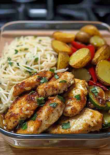 🇬🇷🌿🐔 Crispy Greek Chicken Alfredo with Spicy Basil Honey Sauce and Garlic & Herb Roasted Potatoes—...
