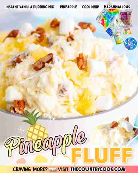 This Pineapple Fluff recipe is a no-bake dessert recipe made with Cool Whip, crushed pineapple, mars...