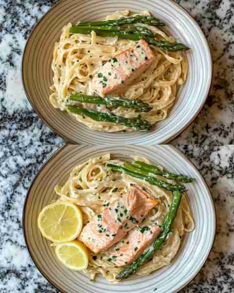 Creamy Lemon Asparagus Pasta with Salmon Luscious Creamy Lemon Asparagus Pasta Topped with Flaky Sal...