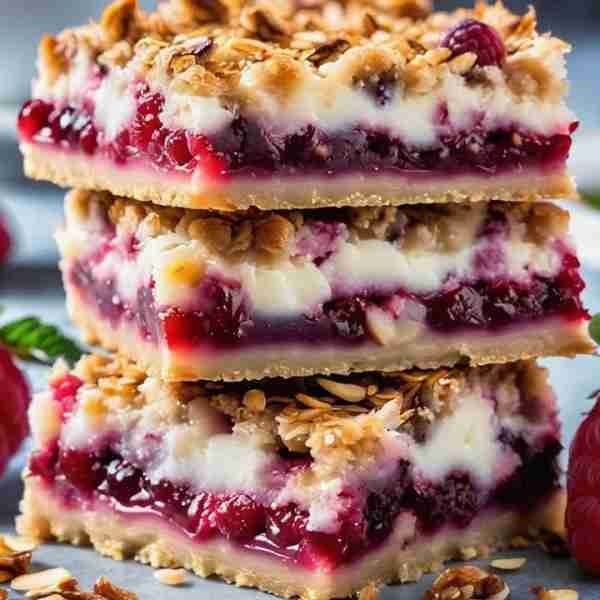 Raspberry Cheesecake Bars Recipe 🧀🍫 A luscious dessert combining creamy cheesecake with a swirl of...