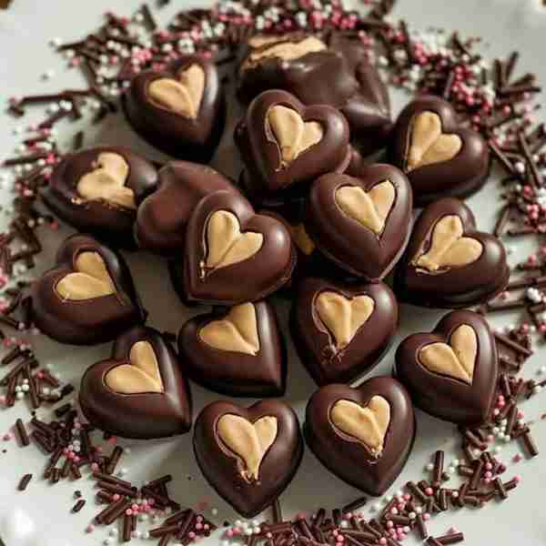 Chocolate Hearts with Peanut Butter Centers ❤️ Sweet chocolate shells with a gooey peanut butter cor...