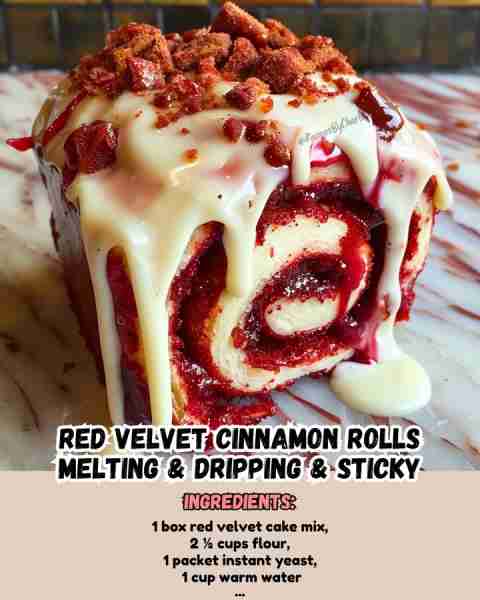 Red Velvet Cinnamon Rolls melting & dripping & Sticky Ingredients: - 1 box red velvet cake mix - 2...