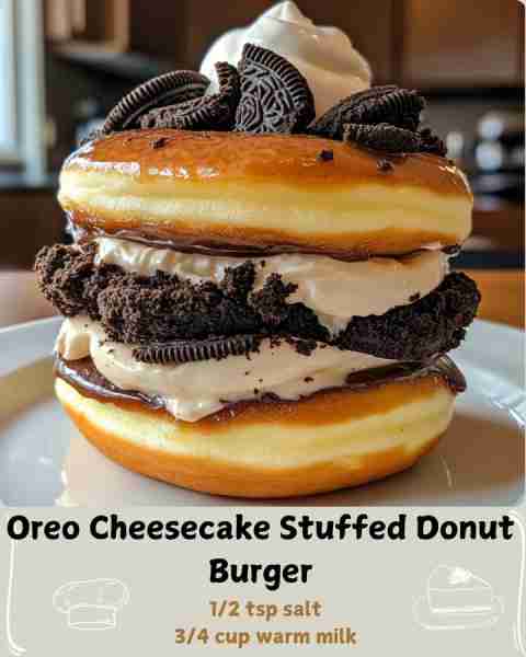 🍩 Oreo Cheesecake Stuffed Donut Burger 🍩 Ingredients: For the Donut Dough: 2 cups all-purpose flou...