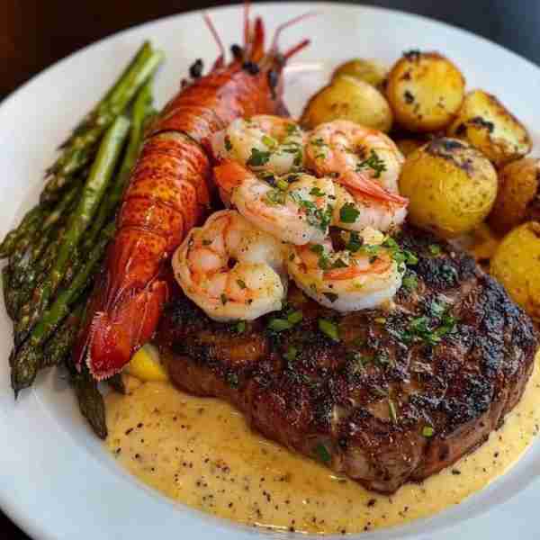 Surf & Turf Deluxe: Seared Steak with Shrimp Cream Sauce, Lobster Tail, Roasted Baby Potatoes & Aspa...
