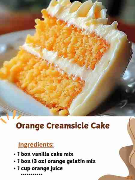 Orange Creamsicle Cake 🍰🍊 Ingredients: 1 box vanilla cake mix 1 box (3 oz) orange gelatin mix 1...