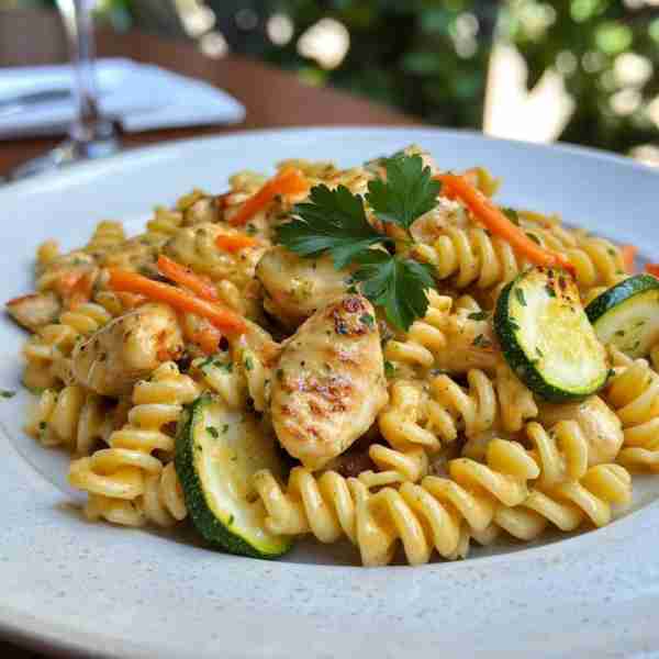 Creamy Mustard Chicken Fusilli with Zucchini & Carrots 🍝 A cozy pasta dish bursting with creamy ric...