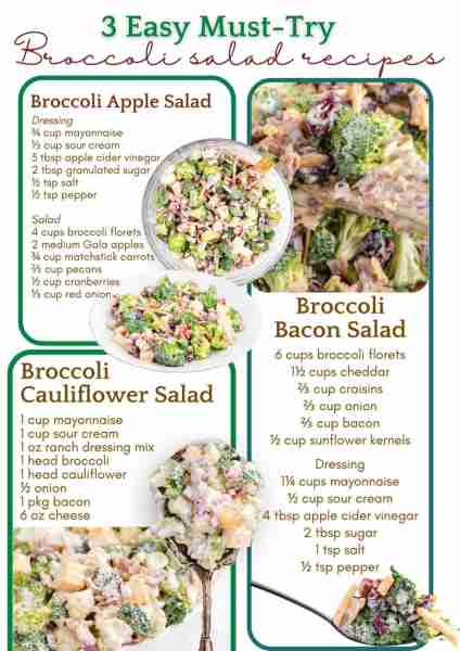 Must Try Broccoli Salad Recipes! ~~ BROCCOLI BACON SALAD Salad 6 cups broccoli florets, broken into...