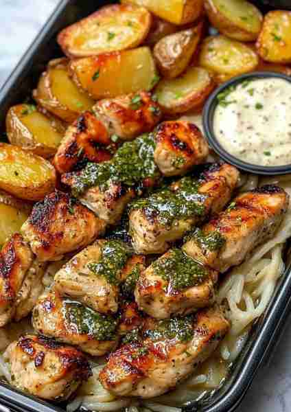 🇬🇷🐔 Greek Chicken Alfredo & Potatoes with Hot Honey Fig Pesto—a Mediterranean dream with a sweet, s...