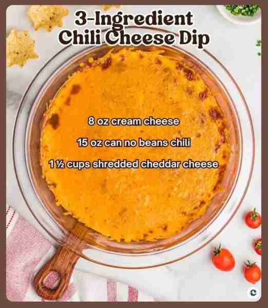 3-Ingredient Chili Cheese Dip ▢ 8 oz cream cheese, softened ▢ 15 oz can no beans chili ▢ 1 ½ cups sh...