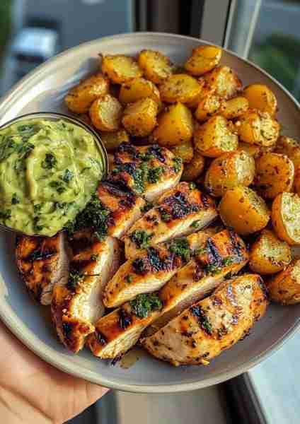 🍋🌿🐔 Lemon Garlic Chicken & Crispy Potatoes with Avocado Pesto Cream—a bright and vibrant dish bur...