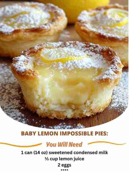 Baby Lemon Impossible Pies: Ingredients: 1 can (14 oz) sweetened condensed milk ½ cup lemon juice 2...