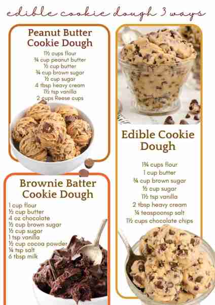 Edible Cookie Dough 3 ways! Edible Cookie Dough 1¾ cups all-purpose flour 1 cup salted sweet cream b...