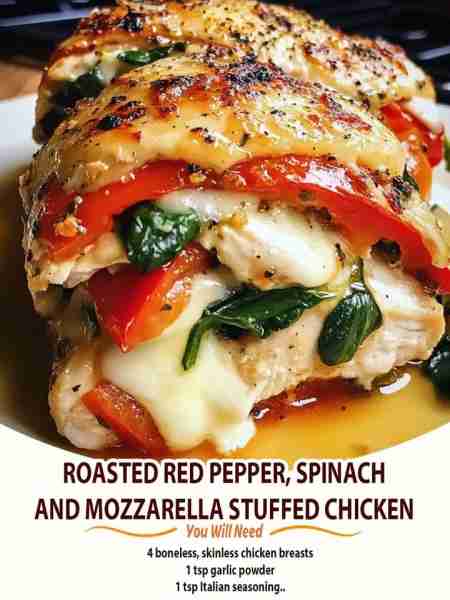 Roasted Red Pepper, Spinach, and Mozzarella Stuffed Chicken Ingredients For the Chicken: 4 boneless,...