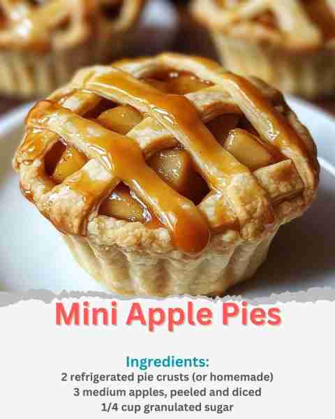 Mini Apple Pies Ingredients: 2 refrigerated pie crusts (or homemade) 3 medium apples, peeled and dic...