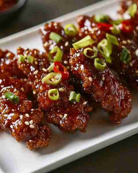 Korean-Style Crispy Chicken Strips with Sticky Gochujang Glaze Ingredients: - 1 lb chicken breast, c...