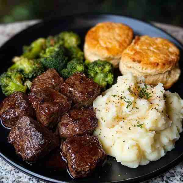 teak and Mashed Potatoes with Broccoli & Cheddar Biscuit 🥩🥔🧀 A satisfying and hearty meal featuri...