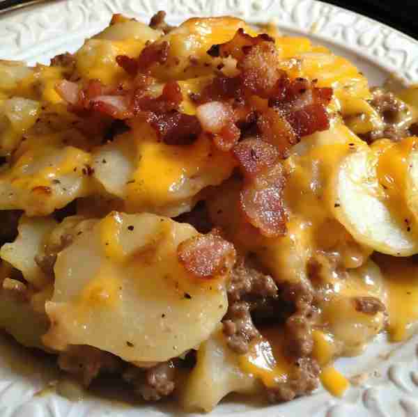 Quick and easy meal 1 box of scallop potatoes 1 lb ground beef 1 onion 1 can of cream of potato Pack...