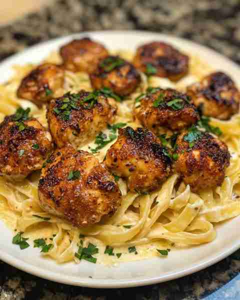Creamy Parmesan Fettuccine with Cajun Chicken Bites Ingredients: 2 boneless, skinless chicken breas...