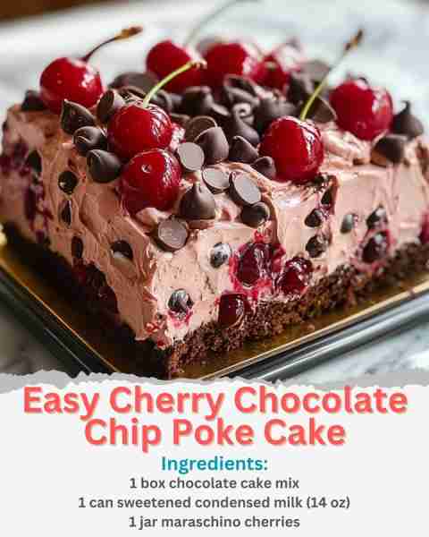 Easy Cherry Chocolate Chip Poke Cake Ingredients: 1 box chocolate cake mix (plus eggs, oil, and wate...