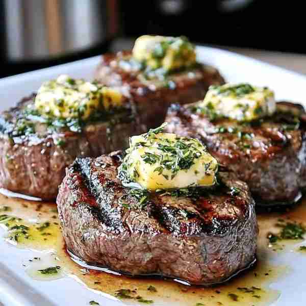 Grilled Steak Medallions with Herb-Infused Compound Butter Ingredients: 4 beef tenderloin medallions...