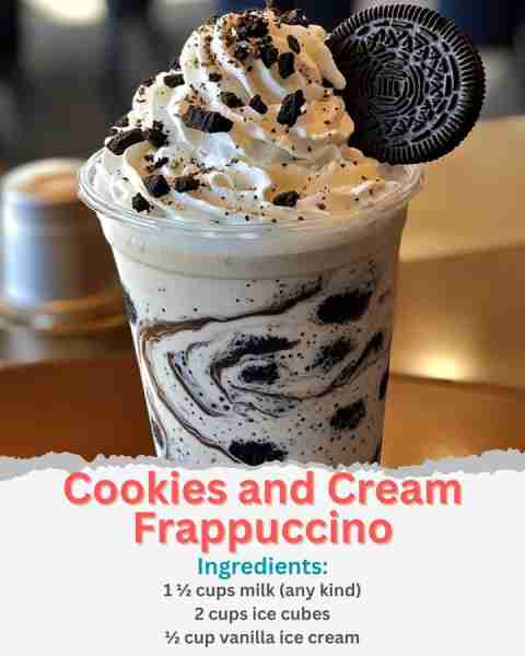 Cookies and Cream Frappuccino Ingredients: 1 ½ cups milk (any kind) 2 cups ice cubes ½ cup vanilla i...