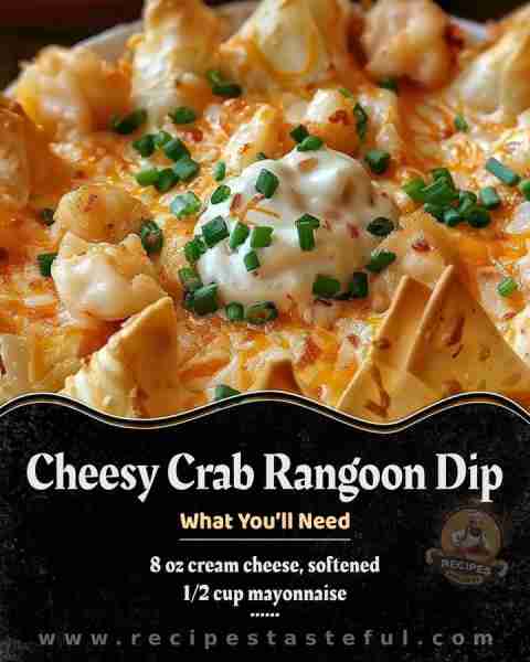 Cheesy Crab Rangoon Dip Ingredients: 8 oz cream cheese, softened 1/2 cup mayonnaise 1/2 cup sour cre...