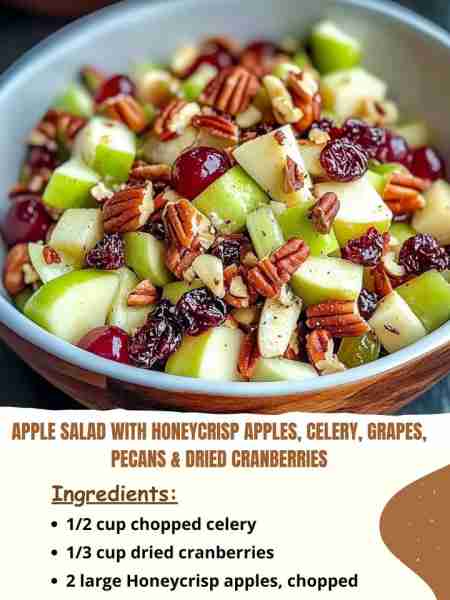 Apple Salad with Honeycrisp Apples, Celery, Grapes, Pecans & Dried Cranberries Ingredients: 1/2 cup...
