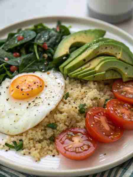 Sunny Morning Power Plate 🍳🥑🍅🌱 Ingredients: 🍳 1 sunny-side up egg 🥑 1/2 avocado, sliced 🍅 Che...