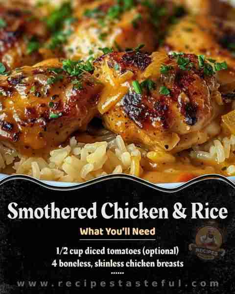 Smothered Chicken and Rice Ingredients: 4 boneless, skinless chicken breasts (or thighs), cut into c...